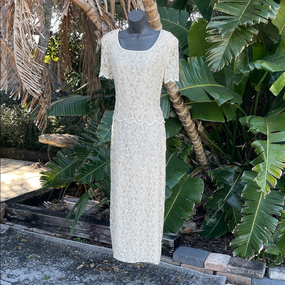 vintage Stenay drop waist beaded lace silk gown